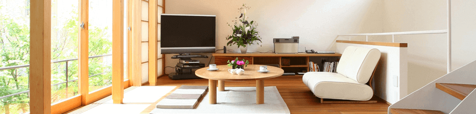 a neat and tidy brightly-lit modern living room enhanced with colorful flower arrangements