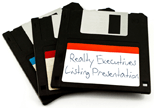 floppy disks from the 1980s labeled as digital storage for a Realty Executives Listing Presentation