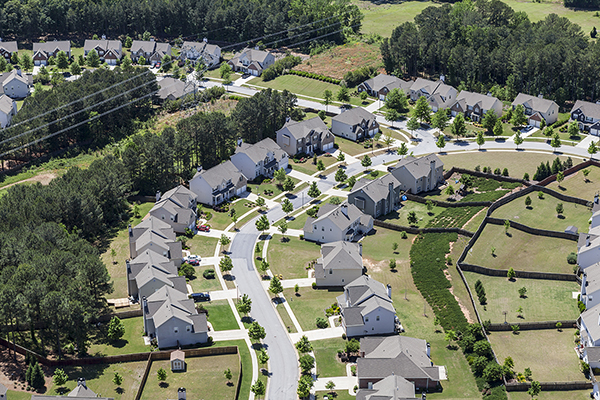 Typical upscale modern suburb aerial in the eastern United States.