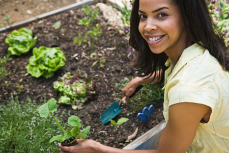 A woman planting a new garden.