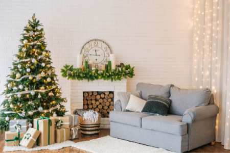 A living room transformed by holiday decorating.