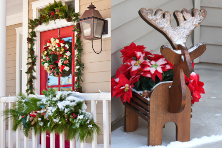 Fake snow on a porch and a wooden reindeer for decoration at Christmas.