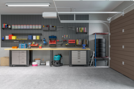 A heated garage with an organized tool bench.