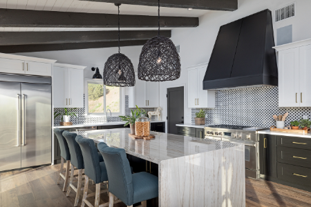 A kitchen with patterned tiles for the backsplash, a kitchen trend to watch this year.