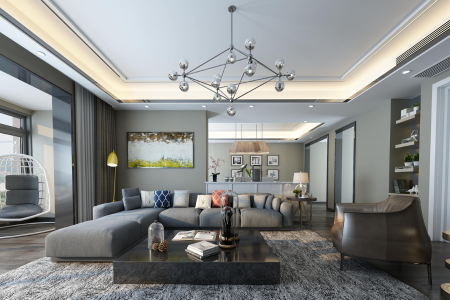 A gray living room with multiple light fixtures, a priority when decorating your home before listing it for sale.