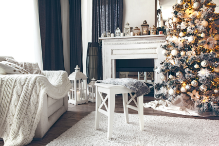 A living room tastefully decorated to sell a home during the holidays.