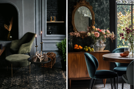 Two examples of classy gothic interior design with velvet chairs and moody paint colors.