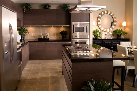 A kitchen with upgraded appliances- a new range, refrigerator, and dishwasher.