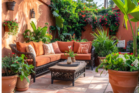 A patio with terracotta colored walls and furniture.