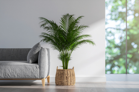 A palm plant in a living room- an option for a low-maintenance, low-water plant.
