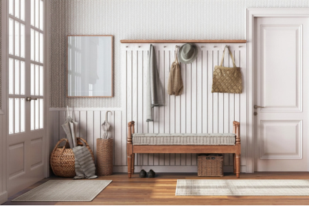 An entryway with washable rugs, hooks, and simple storage to help reduce the mess from outside.
