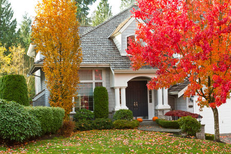 A home for sale in early fall with autumn foliage in the front yard.