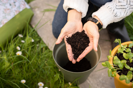 A person taking applying their compost and adding it to garden soil.