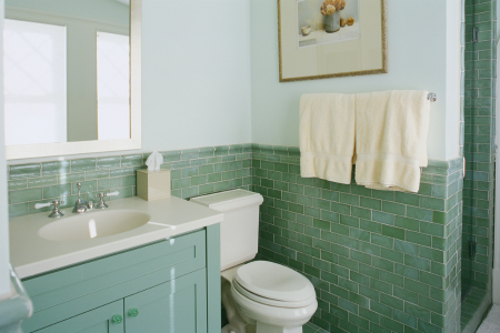 A light green tile can still be considered neutral in a bathroom.